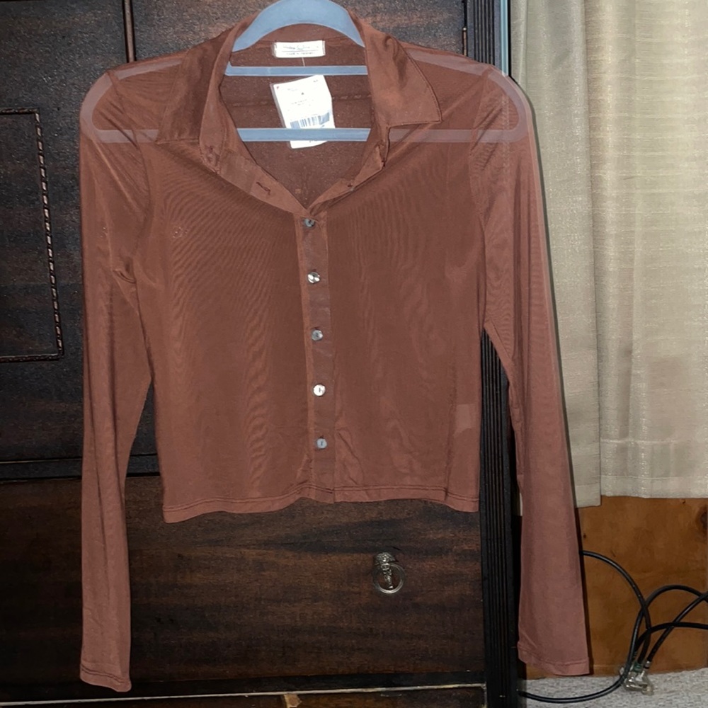 Brown sheer long sleeve button up
